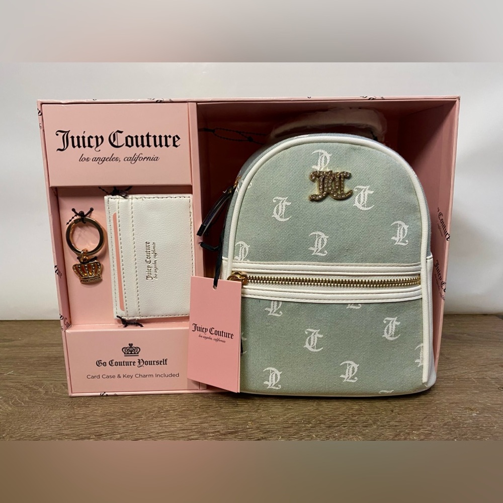 NEW! Juicy Couture monogram backpack, card holder, keychain in box